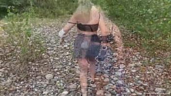 Busty milf almost caught while fucking by the river
