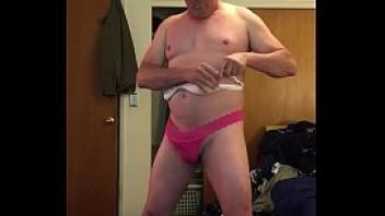 Straight bi dad mature trying to hide big cock in panties