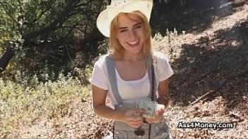 Hitchhiking cowgirl receives money for sex outdoor