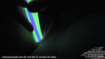 Ginger riki hot tiny spinner gaping and stretching her pussy with glowsticks
