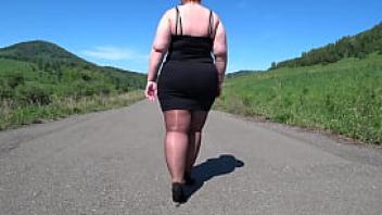 Mature bbw in nylon pantyhose and high heels walks down the public road foot fetish big booty asmr