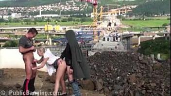 Cute little blonde girl public construction site public sex threesome gang bang