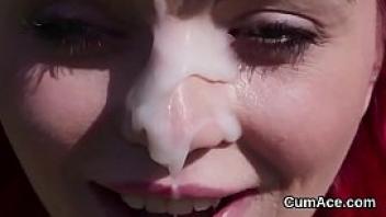 Naughty idol gets cum shot on her face swallowing all the cream