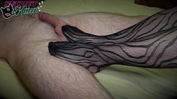 Hot girl gives footjob wearing black stockings