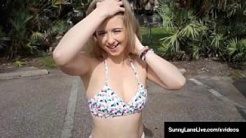 Horny honey sunny lane plays with her juicy pussy in parking lot