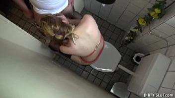 Blonde wife sucks off many strangers at the mens room