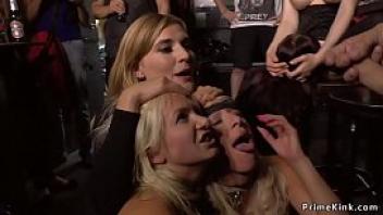 Busty blondes d in crowded bar