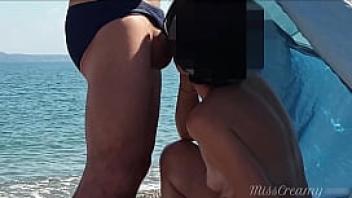 Risky public blowjob on the beach with cumshot misscreamy