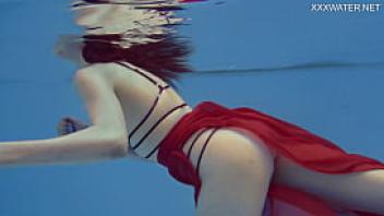 Super hot in red lingerie babe marfa underwater and by the pool
