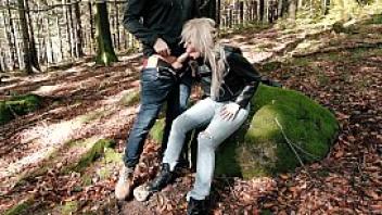 Fuck in the forest with hot chick in levis jeans and leather jcket