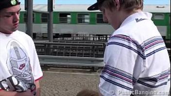 Facial cum on a blonde teen hottie fucked by 2 guys at a public train station