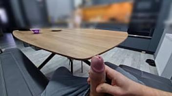 Stepsister noticed me masturbating my fat cock under the table