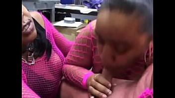 Black large babes with pink fishnet give head to this horny dude