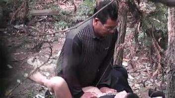 Asian old man fuck whore in wood 1