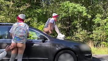 Twin stepsisters pee on daddy car