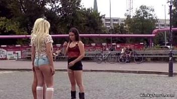 Two blondes pissed outdoor by mistress