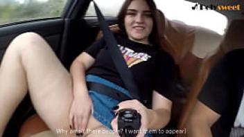 Public masturbation of a brunette in a car on the go eng sub