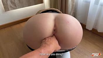 Hard fucked and spanked big butt girl who got stuck in the basket pov