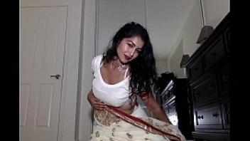 Desi dhabi in saree getting naked and plays with hairy pussy