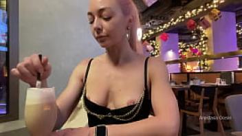 Flashing boobs and pussy in a cafe no panties upskirt in public hotwife