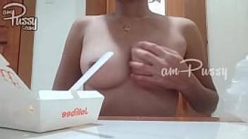 Amateur asian girl is eating naked