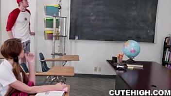 Petite schoolgirl fucking friend in class