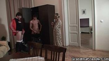 Hot 3some with granny and boys teen thiefs