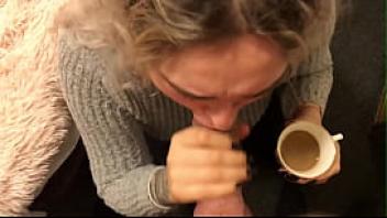 Euro slut drinks coffee with cum