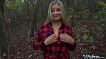 Public agent beautiful busty blonde takes her clothes off in the woods before fucking