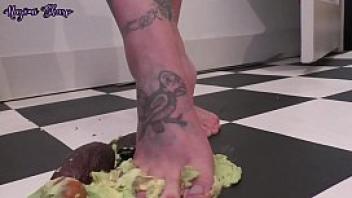 Feet step on food
