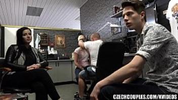 Foursome group sex in public barbershop