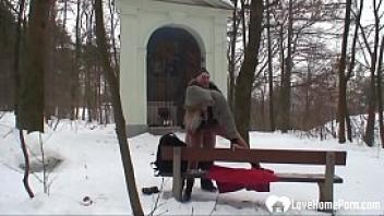 Outdoor winter fun with a hot blonde chick