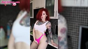 Sexy girl in cute lingerie play pussy in kitchen solo