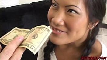 Petite asian sucks massive dick and rides it for money