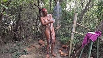 Indian nude outdoor public shower at nude resort