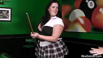 Brunette bbw in fishnets nailed on a pool table