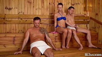 Sauna slut taylor sands sucks off 2 strangers cocks