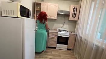 Mom with a big ass satisfied her son with her anal in the kitchen