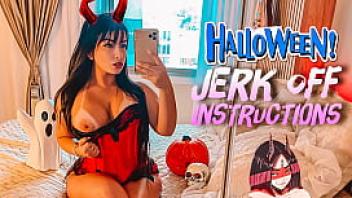 Naughty little devil cosplay big ass and big tits latina joi jerk off instructions with her strap on asking you to cum over her feet