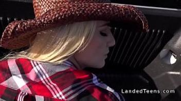 Sexy blonde cowgirl teen bangs outdoor