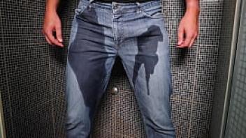 Guy pee inside his jeans and cumshot on end