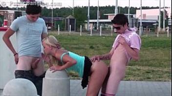 Extreme risky public street sex teen gang bang threesome orgy with a cute blonde