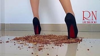 Cornflakes destroying with high heels boots on the floor