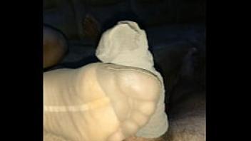 Filling nylonsocks with cum after stocking footjob