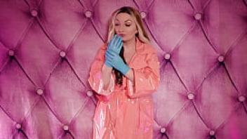 Blue nitrile gloves and pink pvc fetish coat sexy curvy milf arya grander asmr free clip