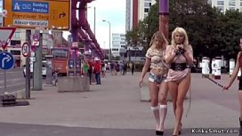 Blonde slaves group fucking in public