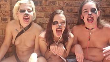 Three naked panting whores constantly drooling as they stick their tongues out lick and smell each other