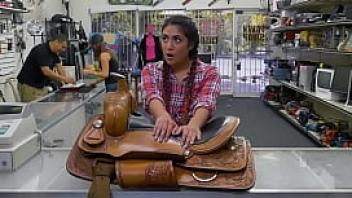 Texas cowgirl lexy bandera tries to pawn her horse saddle but ends up pawning her pussy