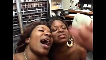 Two great chicks suck white dick on their knees and get facial