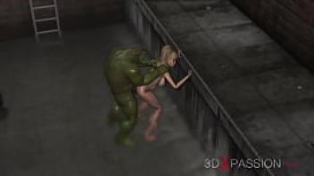 Horny hot blonde gets fucked hard by a green monster in the sewer